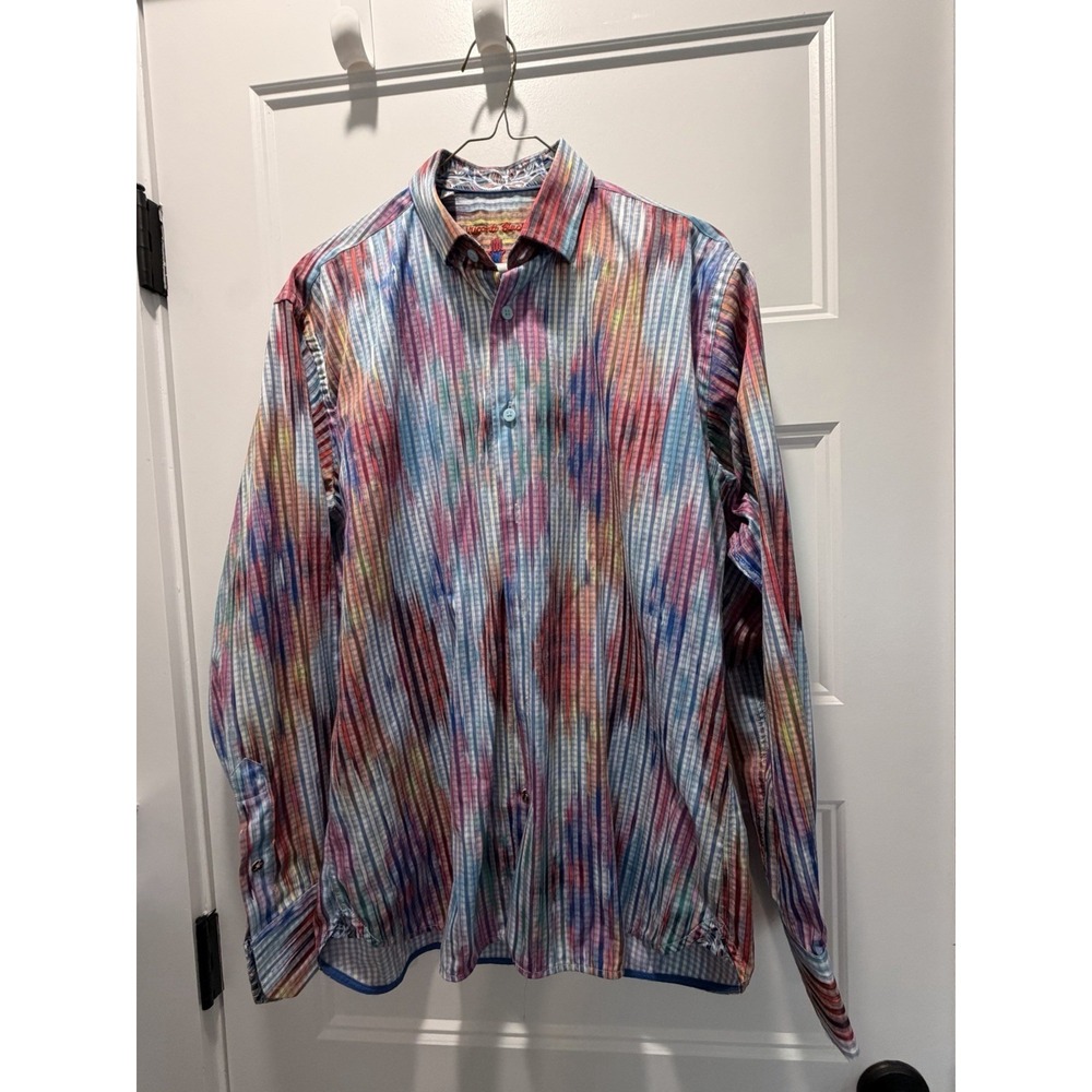 Visconti Black‎ Mens M Watercolor Ikat Plaid Art Shirt Contrast Cuffs Hamsa Logo
